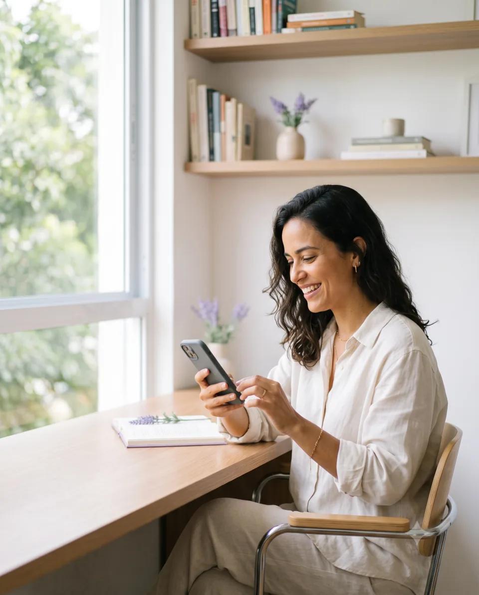 Empreendedora acompanhando as vendas e os clientes pelo celular