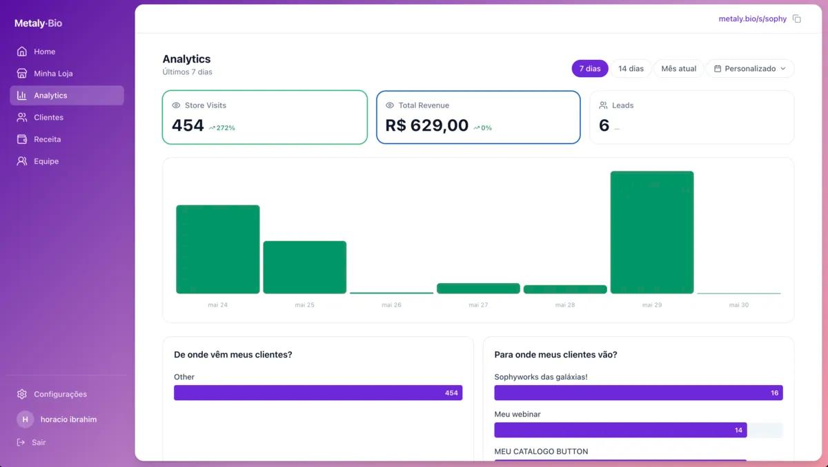 Painel de analytics do Metaly com visitas, receita e leads capturados